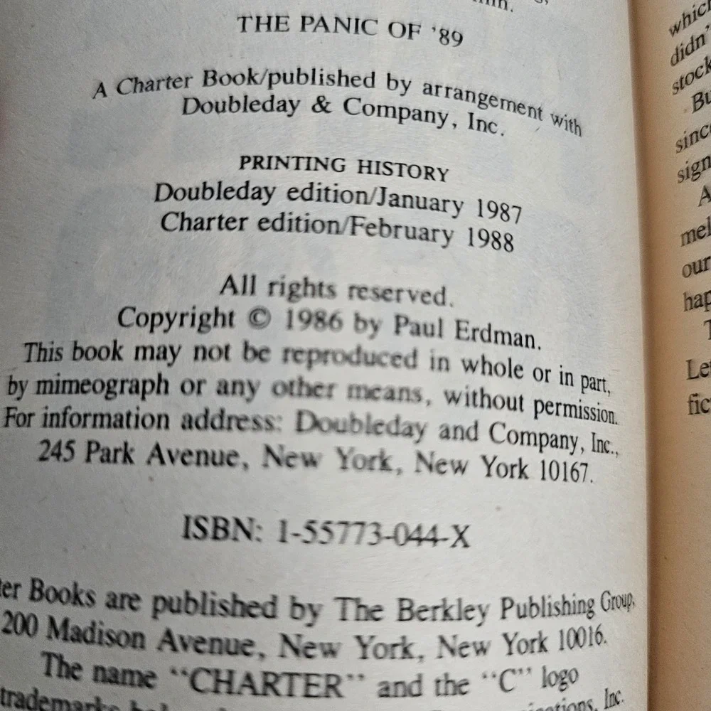 The Panic‎ of '89 Paul Erdman Financial Thriller Mass Market Paperback 1988